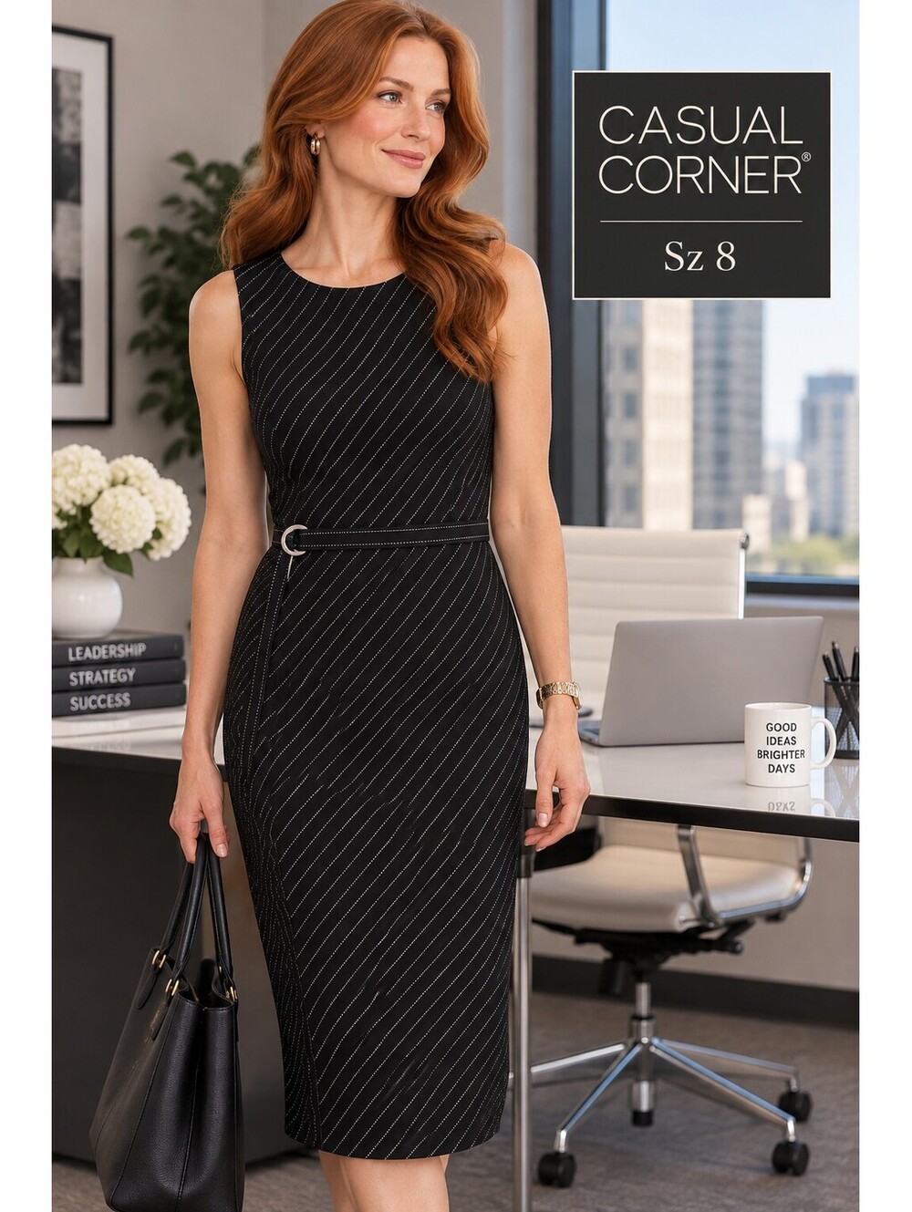 Casual Corner | Sz 8 | Pinstripe Sheath with Sash